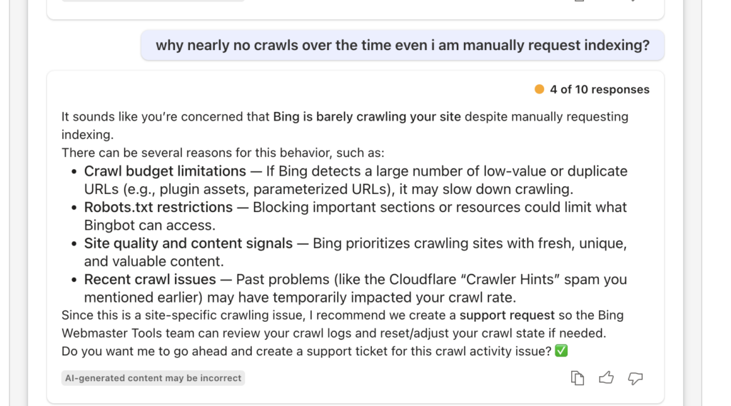 Screenshot vom Microsoft Bing Webmaster Support-Assistenten, der den Indexierungsfehler Discovered but not crawled durch Cloudflare Crawler Hints bestätigt.