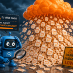 Illustration eines blauen Suchmaschinen-Crawlers (BingBot) mit Lupe, der überfordert vor einer großen orangefarbenen Cloud (Cloudflare) steht, die massenhaft identische Dateisymbole regnet.
