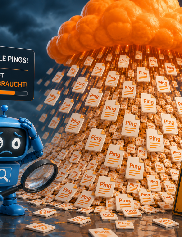 Illustration eines blauen Suchmaschinen-Crawlers (BingBot) mit Lupe, der überfordert vor einer großen orangefarbenen Cloud (Cloudflare) steht, die massenhaft identische Dateisymbole regnet.