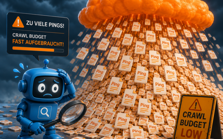 Illustration eines blauen Suchmaschinen-Crawlers (BingBot) mit Lupe, der überfordert vor einer großen orangefarbenen Cloud (Cloudflare) steht, die massenhaft identische Dateisymbole regnet.